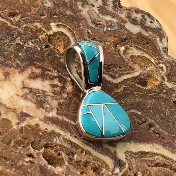 Zuni Inlaid Drop Turquoise Silver Pendant - Picture 3 of 8
